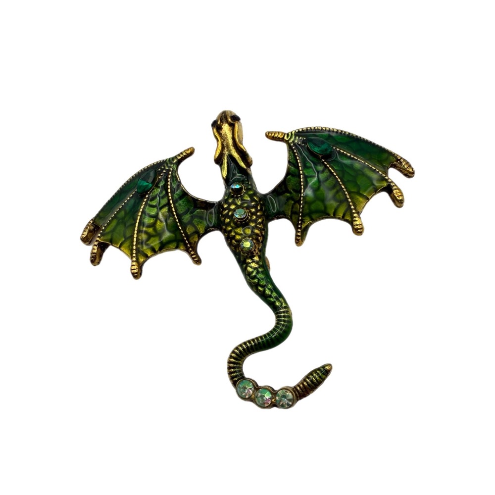 Green Enamel Dragon‎ Brooch Gold Tone Rhinestone Mythical Fantasy Pin
